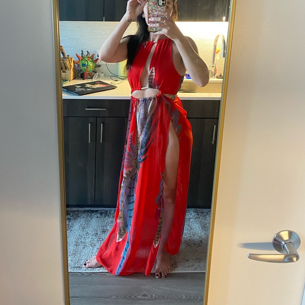 Boho cover up dress split thigh tie closures